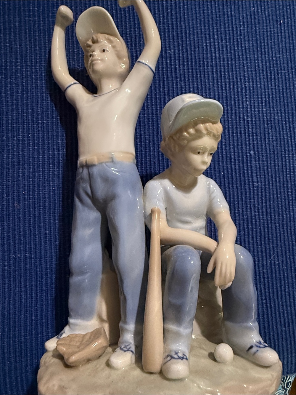 Porcelain Boys Baseball Figurine in Blue and Cream - 1989 Paul Sabastian